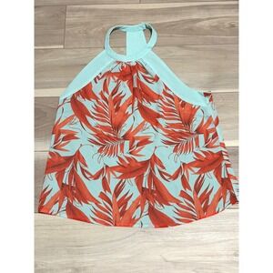 HM Tropical Floral Halter Top Mint Green Orange Leaf Print Racerback Size 12